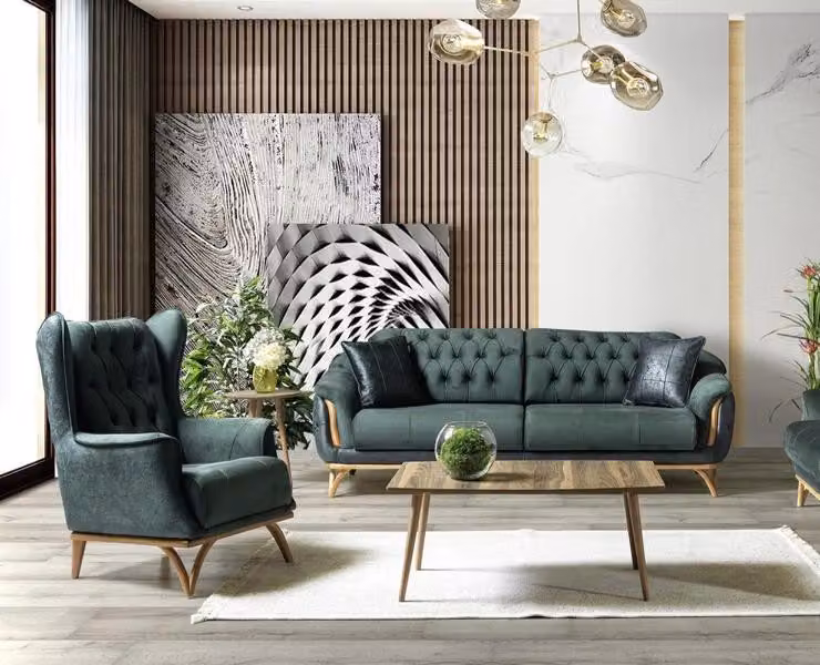 Wohnzimmer Set Hochwertig Sitzgruppe Sofa 3 Sitzer luxuriöse Sessel Polster Grün