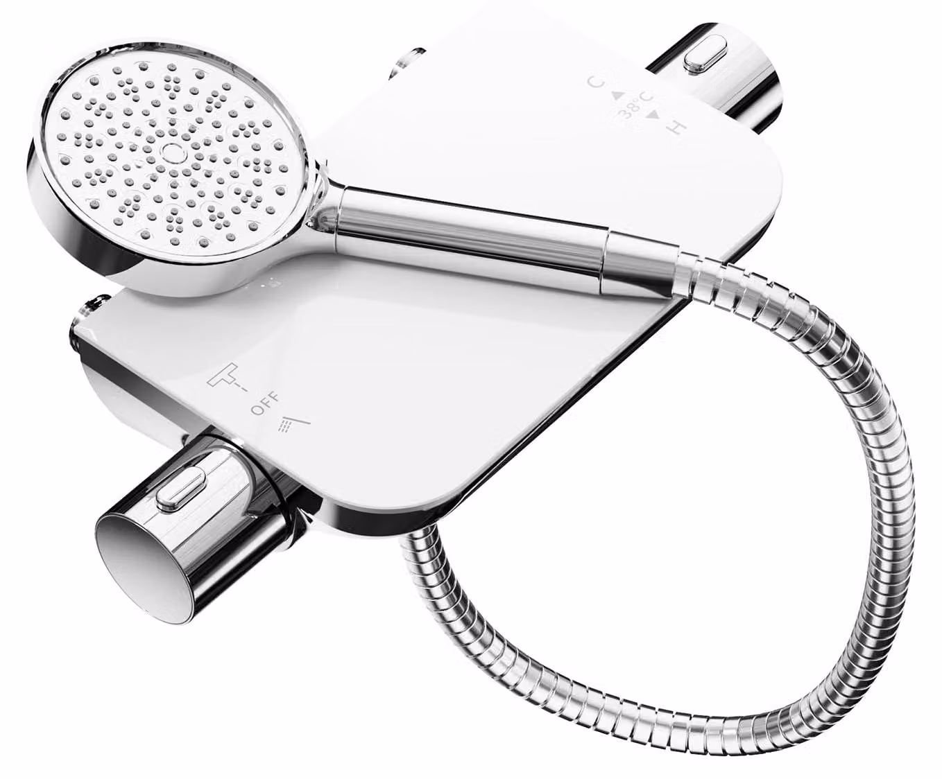 Miscelatore per doccia termostatico, 6 modalità, soffione filtrato, lunghezza del tubo di 1,5 metri, finitura cromata/bianca