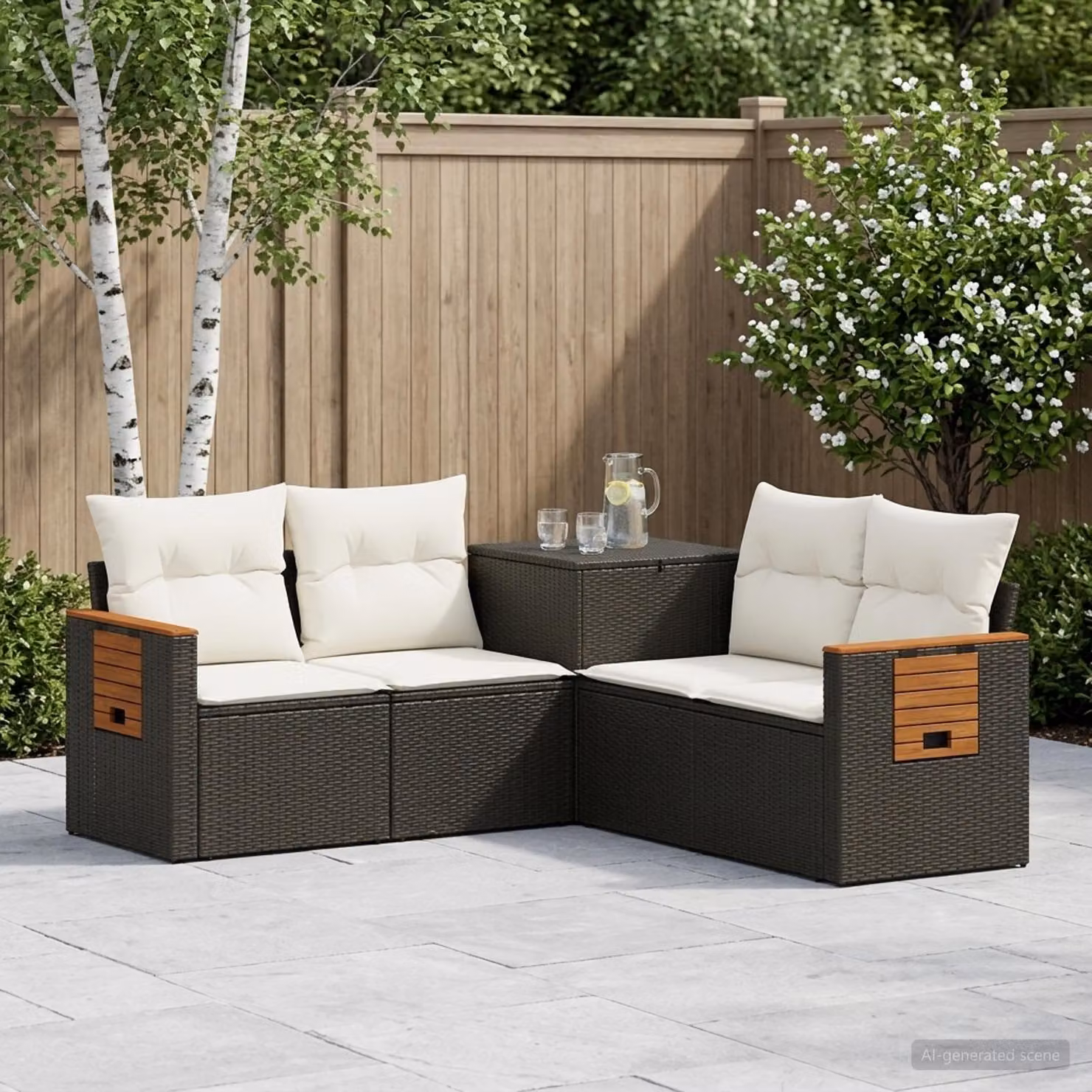 vidaXL Set di divani da giardino a forma di L in polyrattan nero e bianco con cuscini inclusi