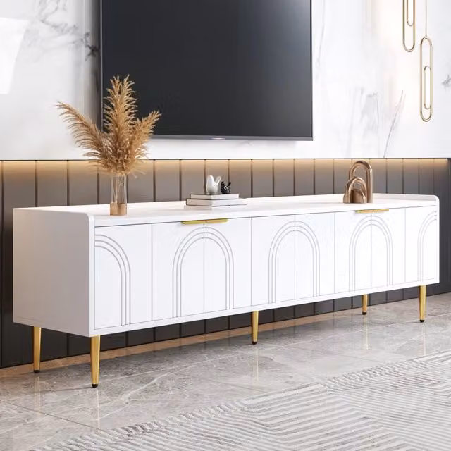Mobile TV con ante scolpite 3D e passacavi in MDF bianco con maniglie e gambe in metallo 170 × 35 × 47.5 cm