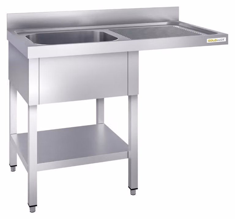 Lavello per lavastoviglie in acciaio inossidabile, con un vano, dimensioni 1200x700 mm, con scolapiatti integrato a destra, modello PREMIUM - GOLDINOX