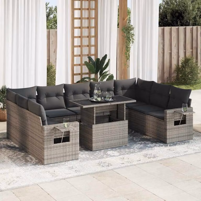 Set Divano da Giardino vidaXL 10 pz a Forma a L con Cuscini Grigio in Polyrattan e Tavolino da Esterno