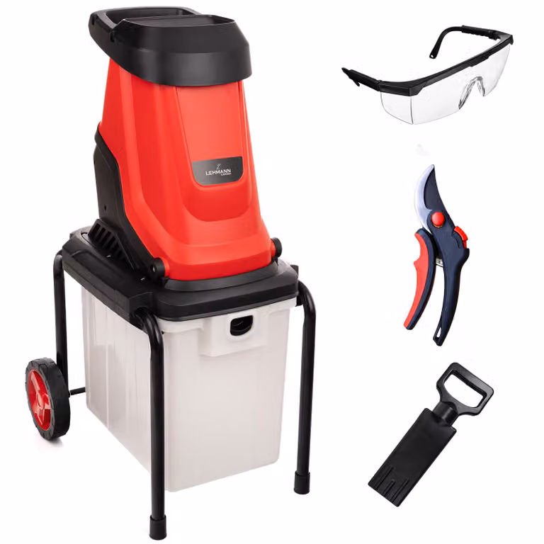 Trituratore elettrico LEHMANN, 3000 W, 4500 giri/min per rami fino a 45 mm, contenitore di raccolta da 50 L, telaio con ruote