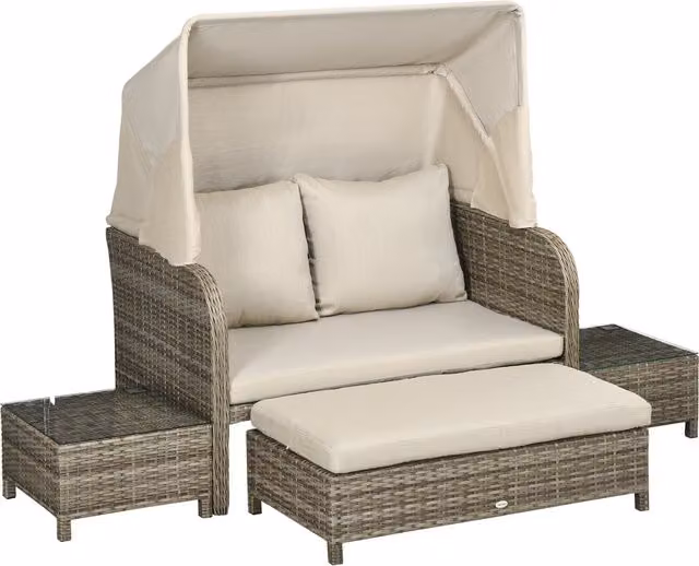 Set da giardino Outsunny in polyrattan composto da divano 2 posti, poggiapiedi e tavolini con cuscini beige e marrone