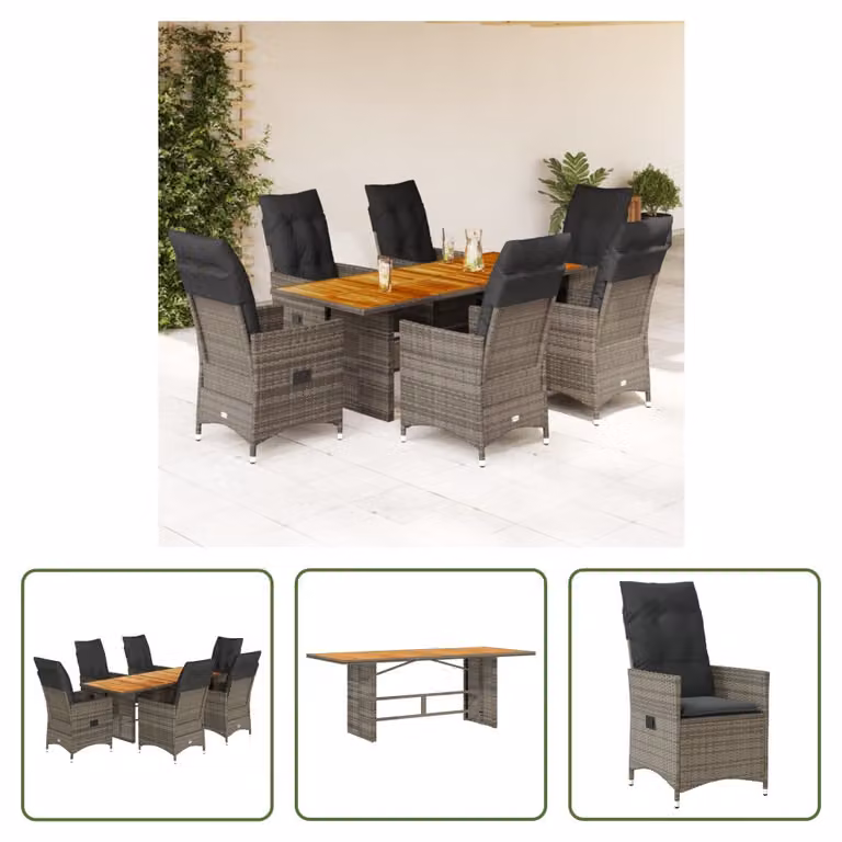 The Living Store Set da pranzo da giardino 7 pezzi con cuscini in poly rattan grigio