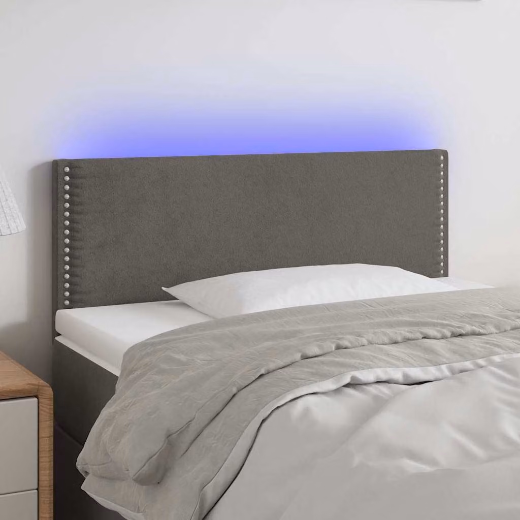 Testiera per letto vidaXL in velluto grigio scuro con illuminazione LED e porta USB, L 100 cm, P 5 cm, H 78-88 cm