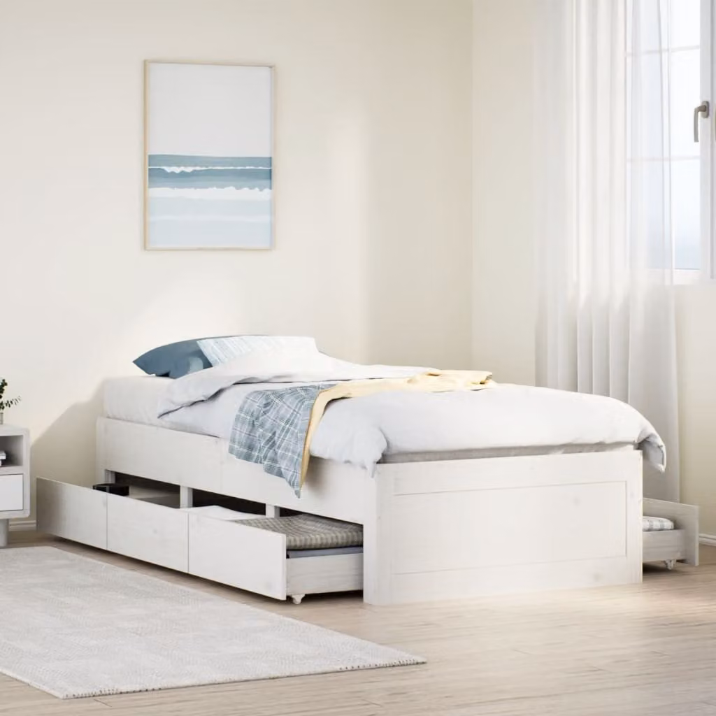 vidaXL Giroletto in legno di pino con cassetti Bianco L: 78,5 cm, P: 193,5 cm, H: 41 cm