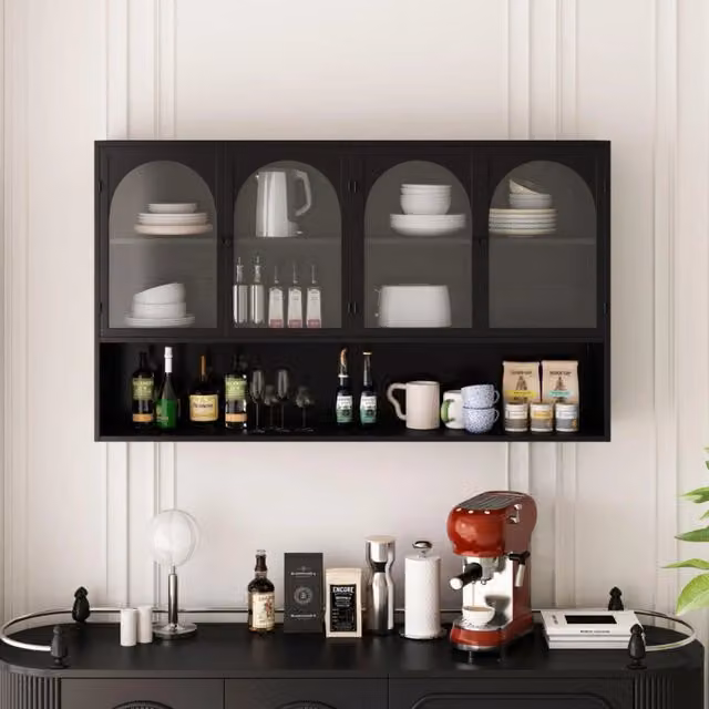Armadio da parete, vetrina, design a quattro ante, struttura in ferro battuto, vetro temperato, sistemazione verticale, nero