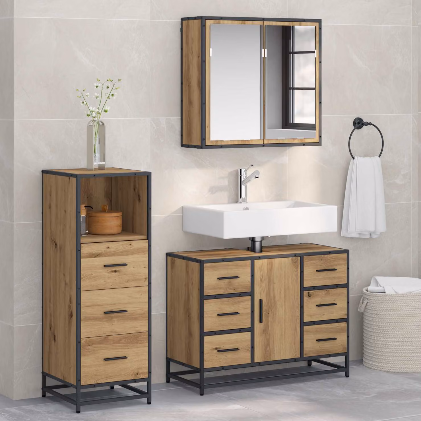 Set di mobili per il bagno vidaXL 3 pezzi in rovere marrone con armadietto a specchio, mobile lavabo e mobile laterale in stile minimalista