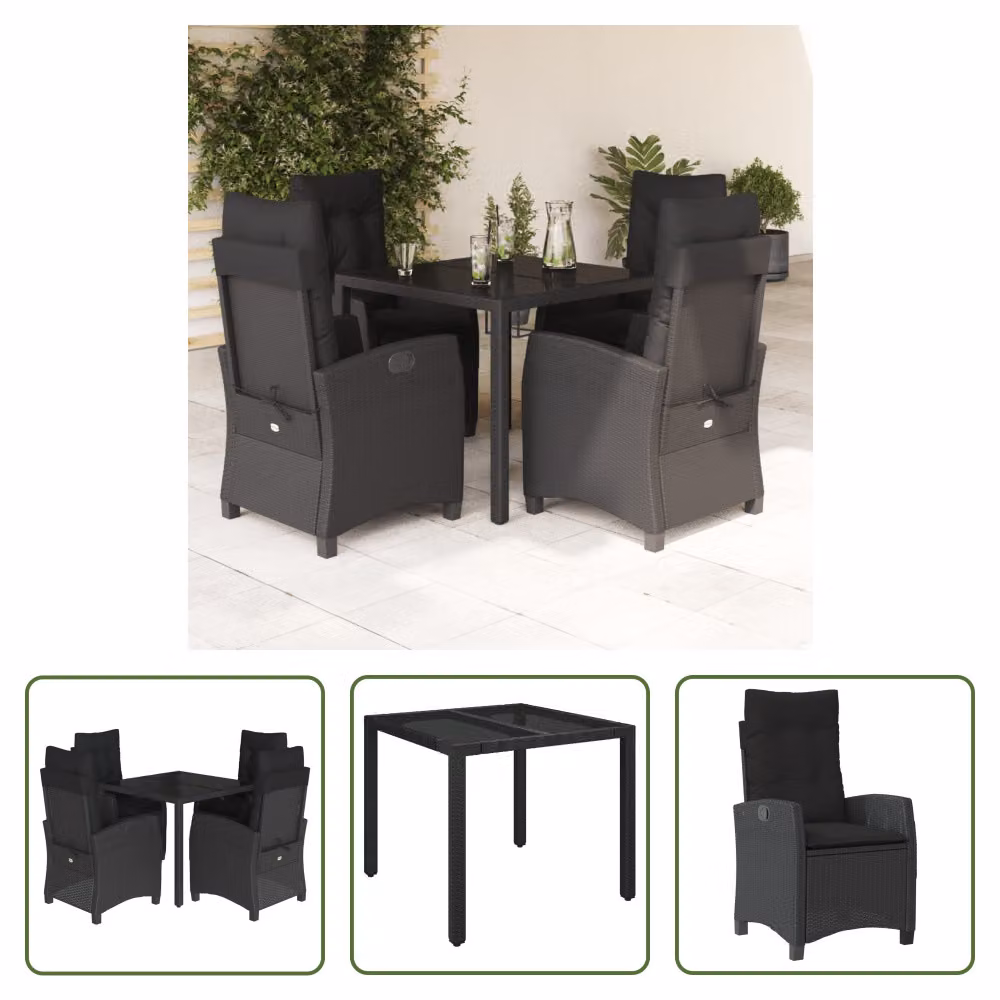 The Living Store Set da pranzo da giardino 5 pezzi con cuscini in poly rattan nero