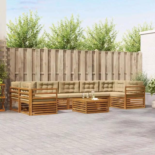Set di divani da esterno a L con tavolino da giardino vidaXL, 8 pezzi, in legno di acacia e tessuto beige