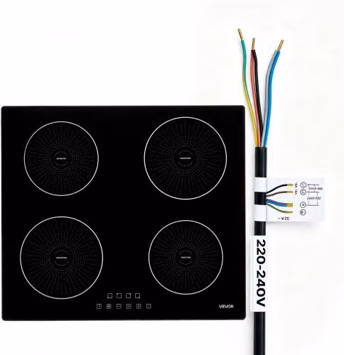 Piano Cottura a Induzione VEVOR in Vetroceramica Nero con 4 Bruciatori, 7000 W, 9 Livelli di Potenza, Schermo Tattile, Blocco di Sicurezza per Bambini e Timer, da Incasso L: 59 cm x P: 52 cm
