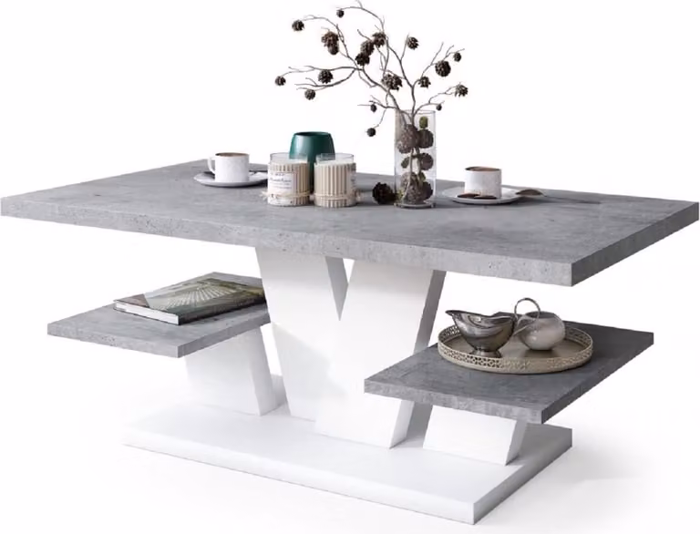 All4All Tavolino Valerio, tavolino da salotto, tavolino da caffè, tavolino con ripiani, tavolino da pranzo, coffee table, 110x60 cm, 05, cemento + bianco
