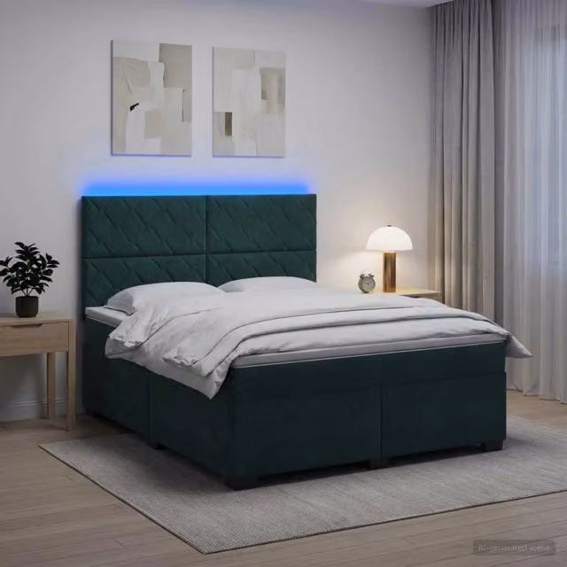 Letto box spring con materasso vidaXL in velluto verde con base a sollevamento, porta USB e illuminazione sottostante, L: 160 cm, P: 200 cm, H: 140,5 cm