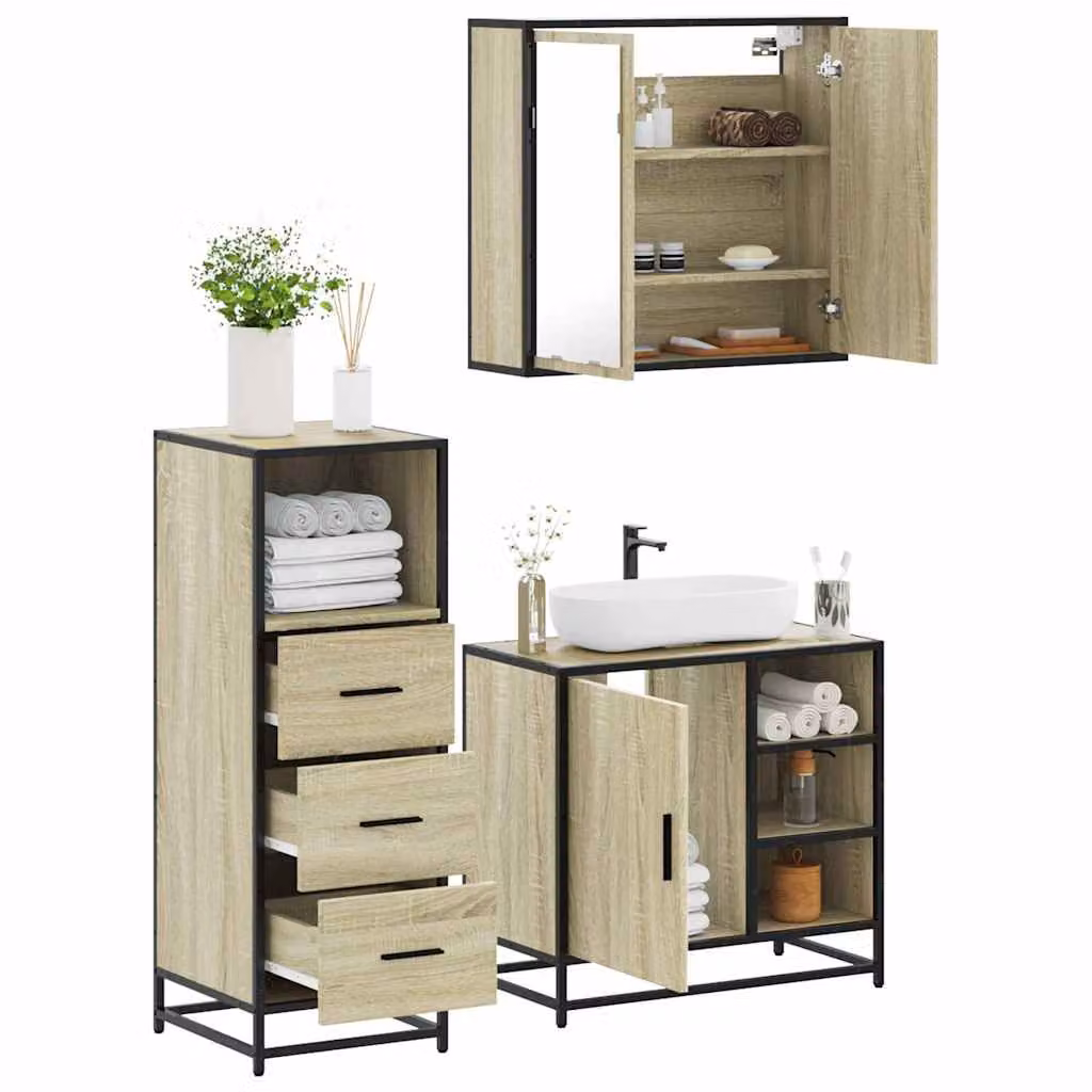 Set di mobili da bagno industrial vidaXL in legno e metallo, 3 pezzi, colore marrone rovere, composto da mobile lavabo, pensile con specchio e mobiletto laterale