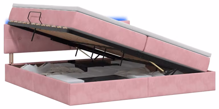 Letto imbottito con tecnologia LED e materasso rosa, dimensioni 200 x 200 cm, rivestito in velluto