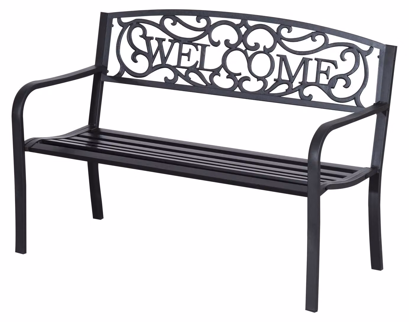 Panca da giardino Moonbite, modello a due posti, in metallo con scritta "WELCOME", panca da parco resistente alla ruggine, panca da esterno resistente alle intemperie, dimensioni 127 x 60 x 87 cm, ideale per terrazza e giardino, colore nero