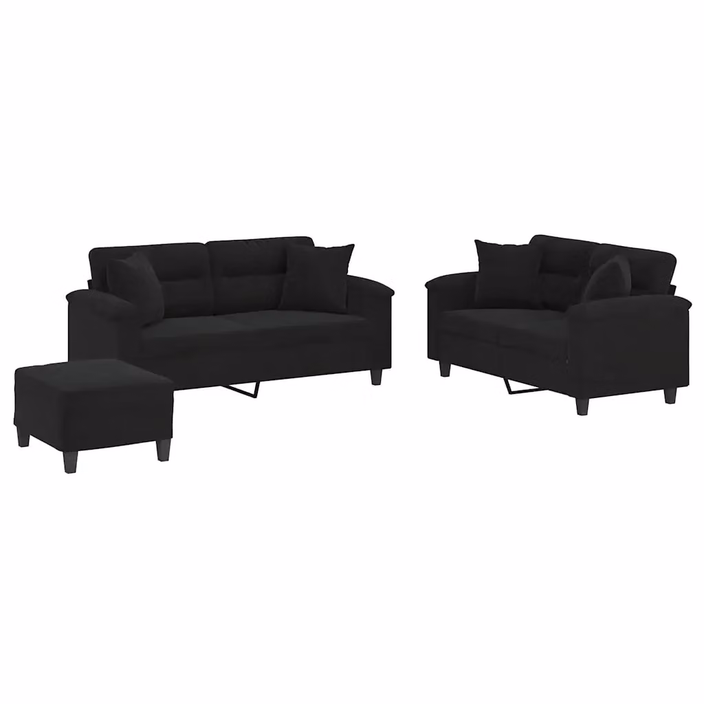 vidaXL Set di Divani 3 Pezzi Moderno in Microfibra Nera con Cuscini e Struttura Imbottita – 2