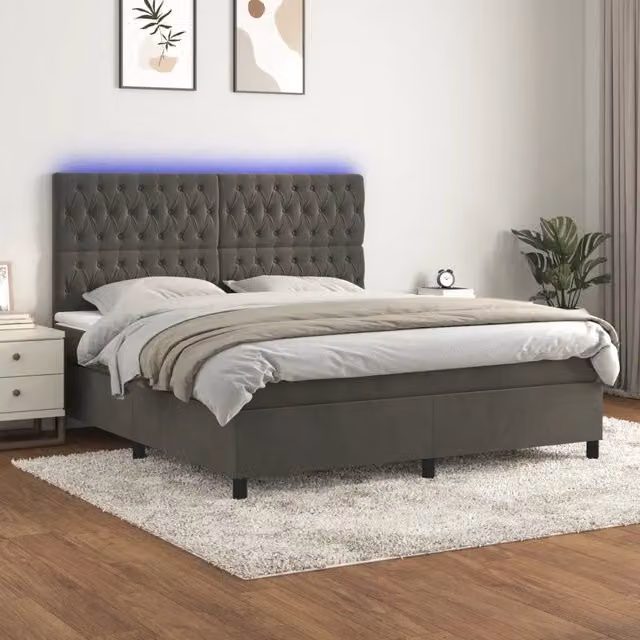 Letto matrimoniale con materasso ibrido vidaXL in tessuto grigio con illuminazione LED e porta USB L/P: 180 x 200 cm, H: 203 cm