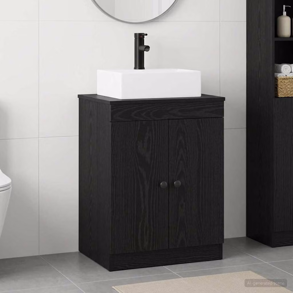 Set di mobili per il bagno moderno vidaXL in legno ingegnerizzato nero e rovere con ante a battente e ripiani interni, freestanding