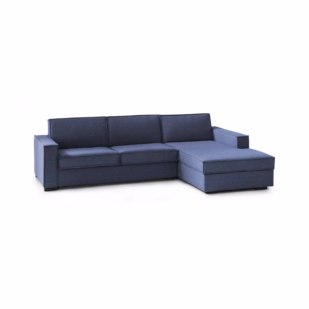 Divano Assobasso Talamo Italia con penisola destra, modello moderno in tessuto blu con coperture sfoderabili, L: 260 cm, P: 95 cm – 2