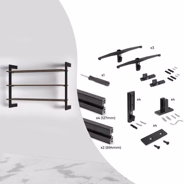Kit Emuca per la realizzazione di 2 composizioni Zero con profili in alluminio e ferramenta in zinco, colore nero opaco, per montaggio a parete o a pavimento