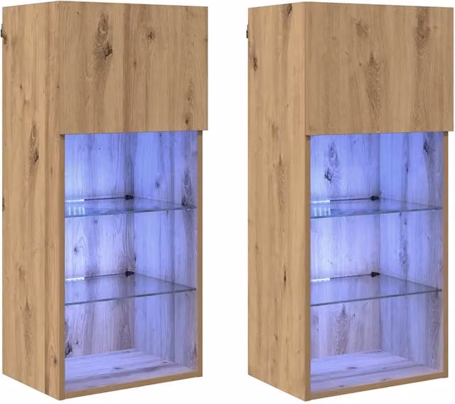 Set di 2 Mobiletti TV a parete con illuminazione LED integrata in Rovere, design moderno per soggiorno, L: 90 cm, H: 40,5 cm, P: 30 cm
