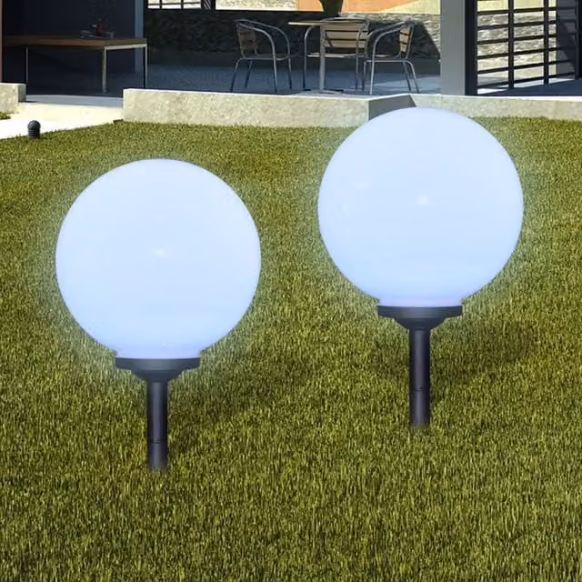 Set di 4 lampade solari LED a sfera vidaXL per giardino e sentiero, colore bianco, con picchetto e sensore crepuscolare, Altezza: 30 cm