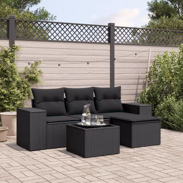 vidaXL Set Divani da Giardino a L 5 pz in Polyrattan Nero con Cuscini e Tavolino da Esterno