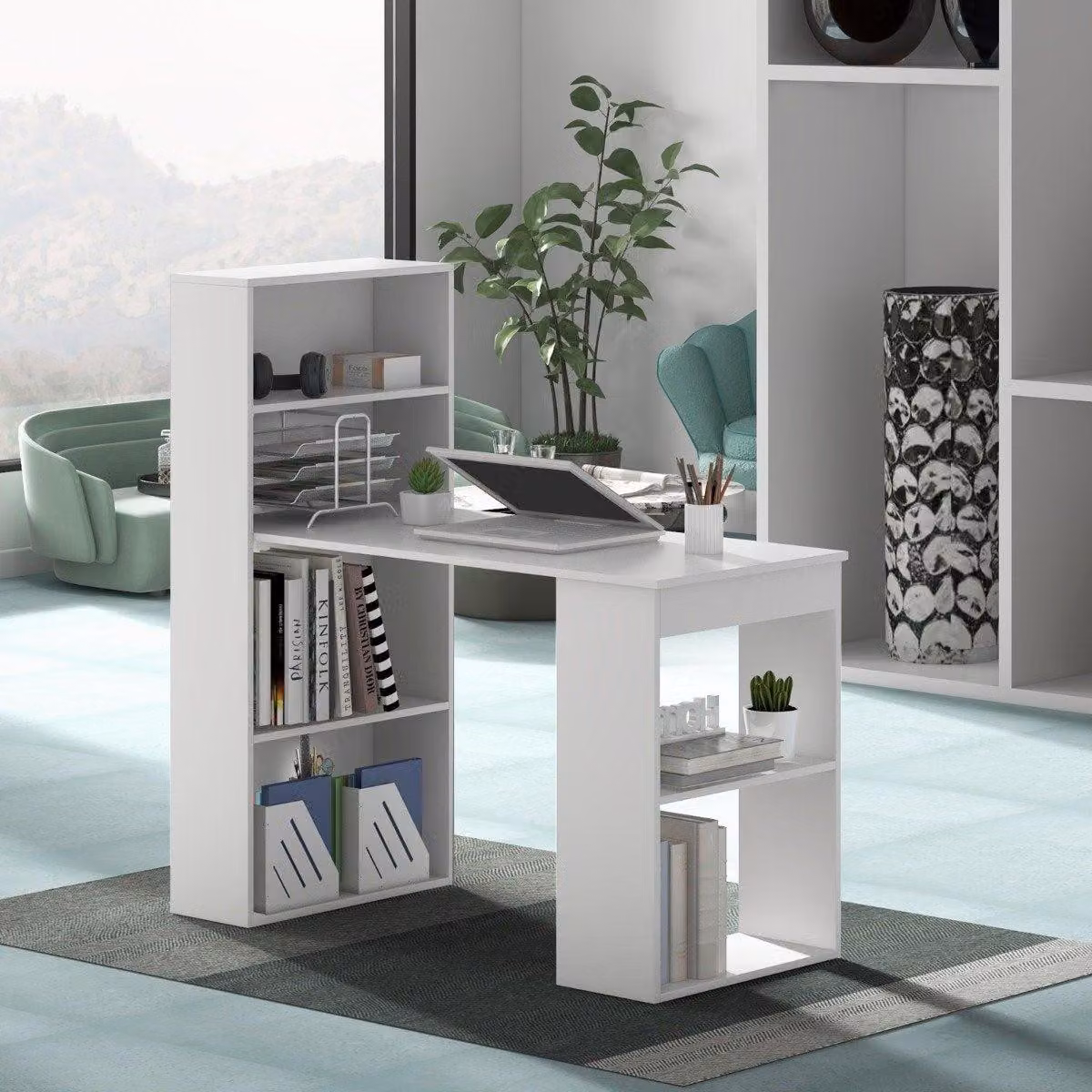 Scrivania con libreria, tavolo per computer con 6 ripiani, tavolo per PC con ripiano, tavolo da ufficio bianco