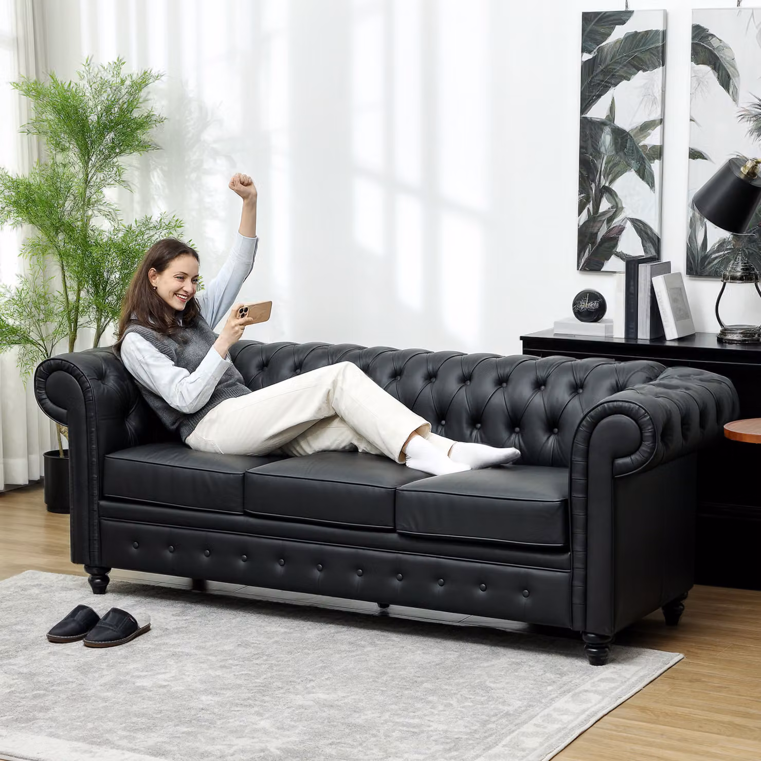 Divano 3 Posti HOMCOM in Stile Chesterfield con Finta Pelle e Molle Insacchettate, Nero, L: 213 cm, P: 86 cm, H: 79 cm – 2