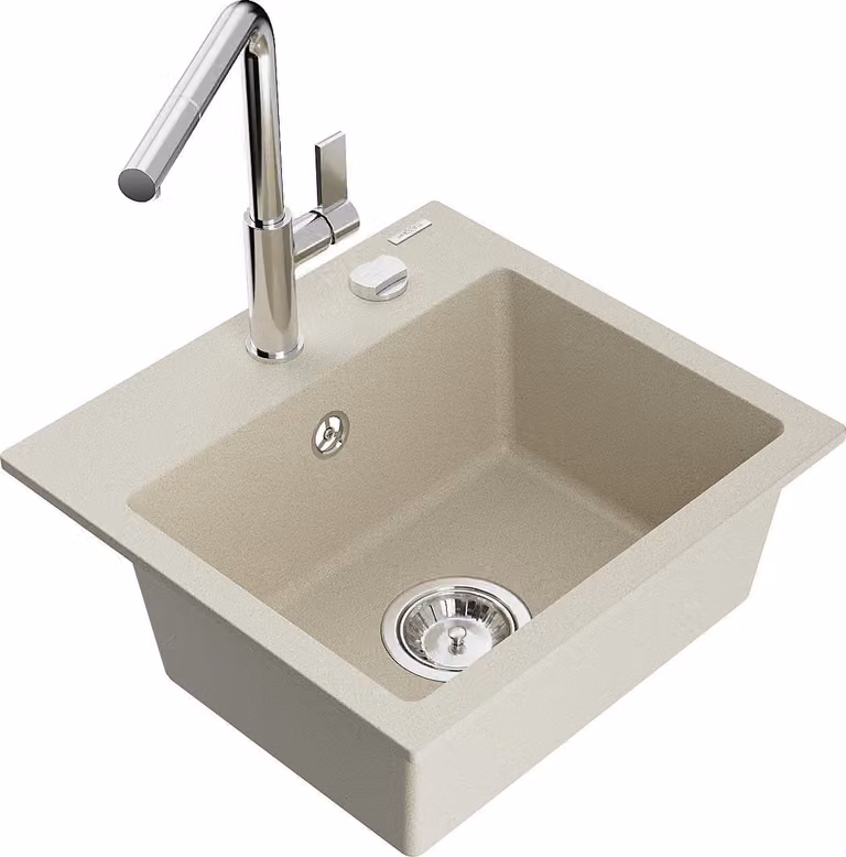 Mexen Milo lavello in granito a 1 vasca con rubinetto da cucina Flora, beige - 6505-69-670401-00