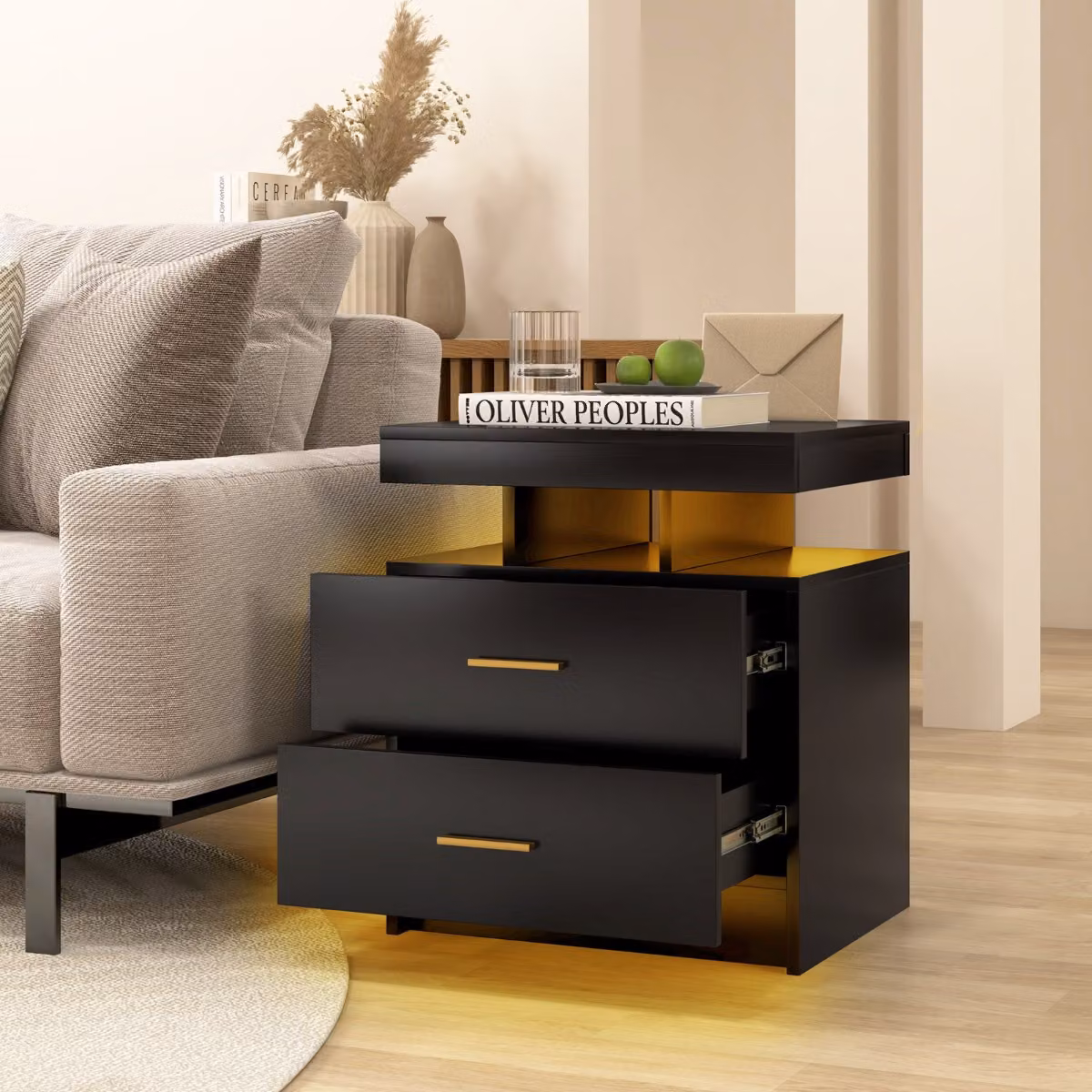Comodino moderno Costway con illuminazione LED regolabile e telecomando, 2 cassetti, Nero