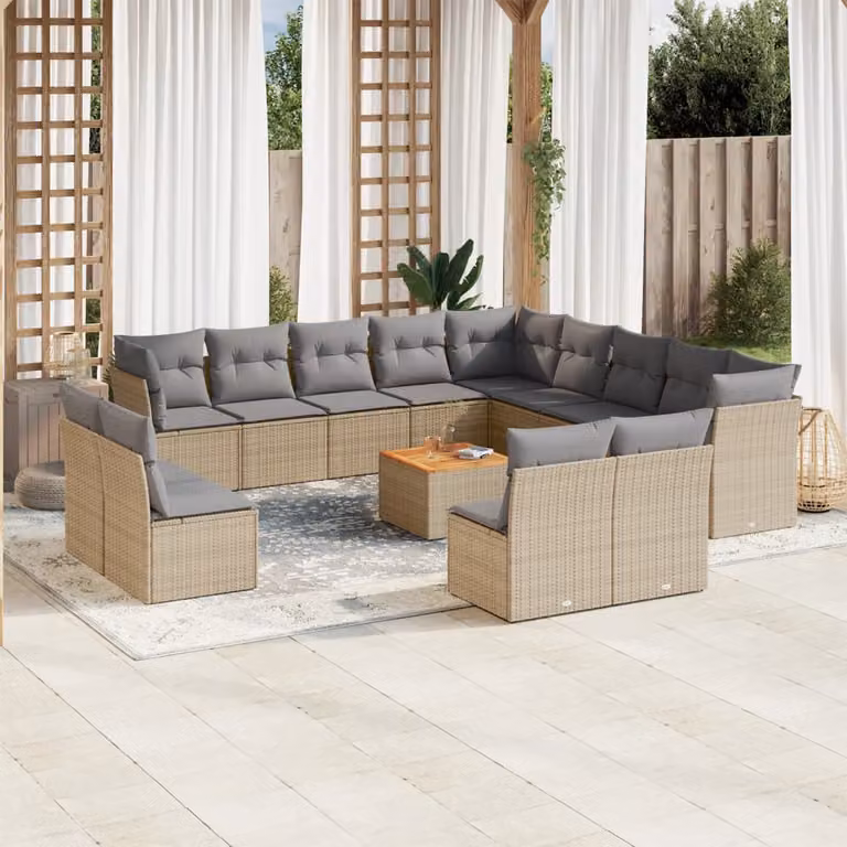 Set Divani da Giardino a L vidaXL con Tavolino, Cuscini e Struttura in Polyrattan e Legno di Acacia, Beige