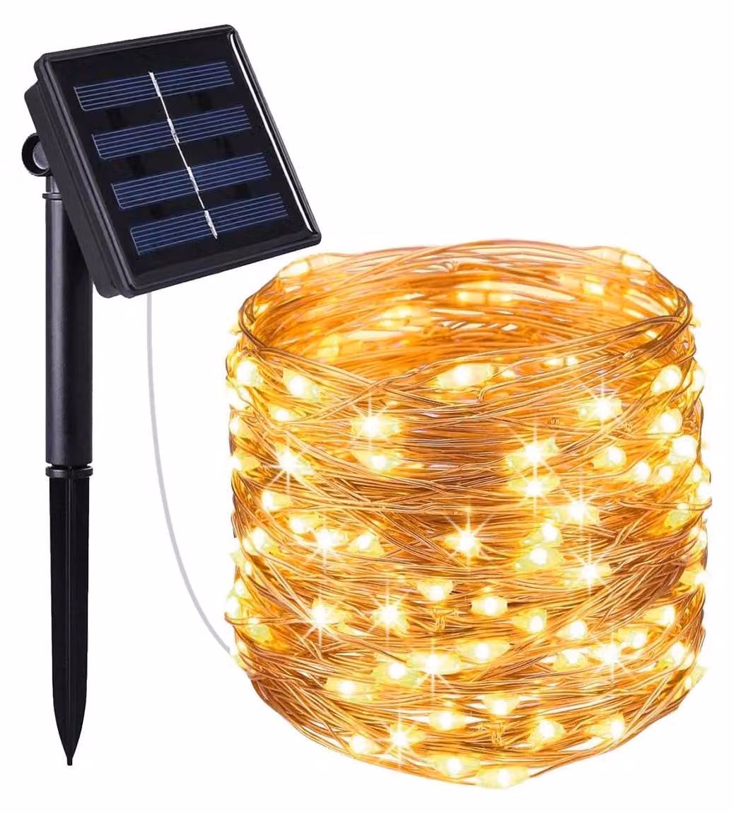 Catena luminosa solare, rame, 100 LED, luce bianca calda, 11,90 metri, 8 modalità