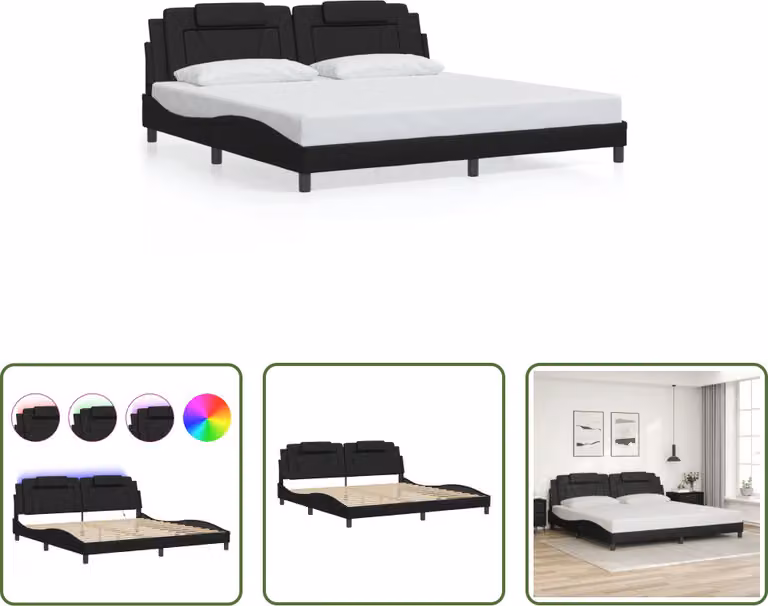 The Living Store Struttura letto con LED nero 200x200 cm in ecopelle