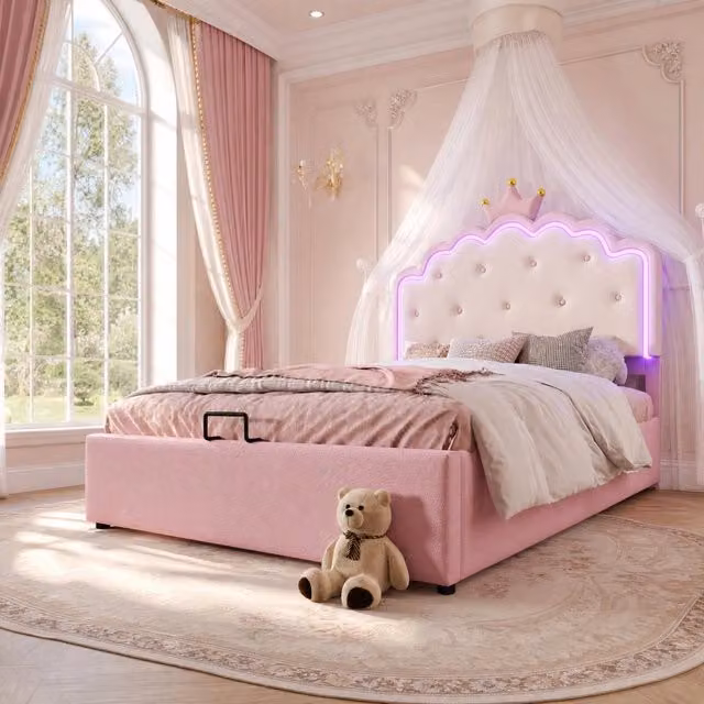 Letto imbottito rosa per bambini 140x200 cm con rete a doghe, luci LED ambientali e contenitore idraulico