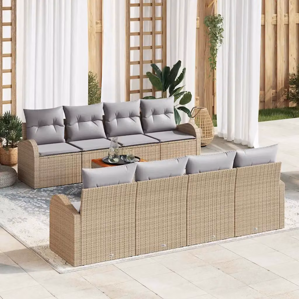Set Divano da Giardino vidaXL 9 pz in Polyrattan Beige con Cuscini e Tavolino da Esterno a Forma di L