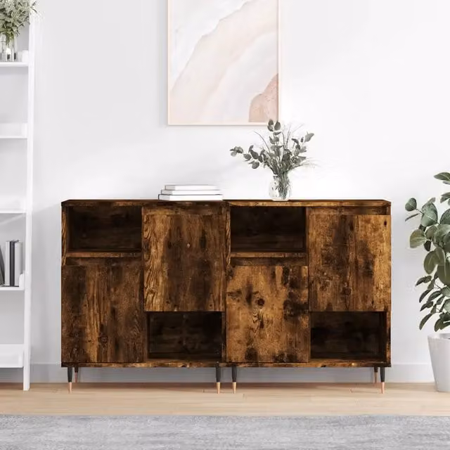 Set di 2 credenze da parete vidaXL in legno multistrato e metallo, colore rovere fumo, L: 120 cm, P: 35 cm, H: 70 cm