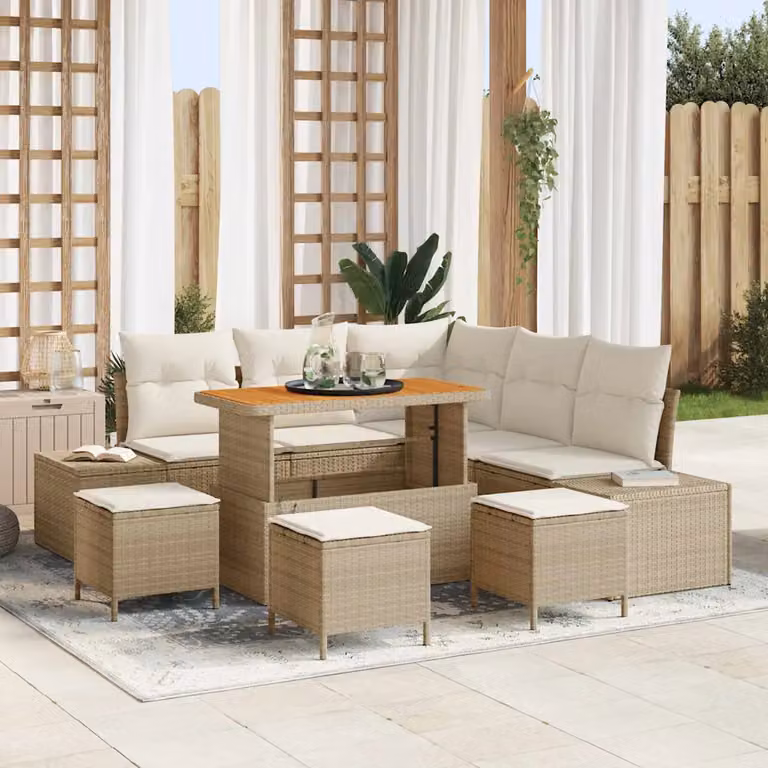 Set Divano da Giardino Moderno vidaXL in Polyrattan Beige con Cuscini e Tavolino da 9 Pezzi