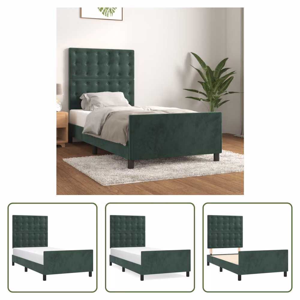 The Living Store Struttura letto con testiera in velluto verde scuro 90x200 cm