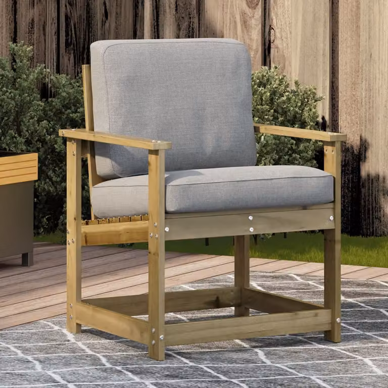 Sedia da giardino vidaXL in legno di pino con cuscini e braccioli, stile rustico, L: 62 cm, P: 56 cm, H: 77 cm