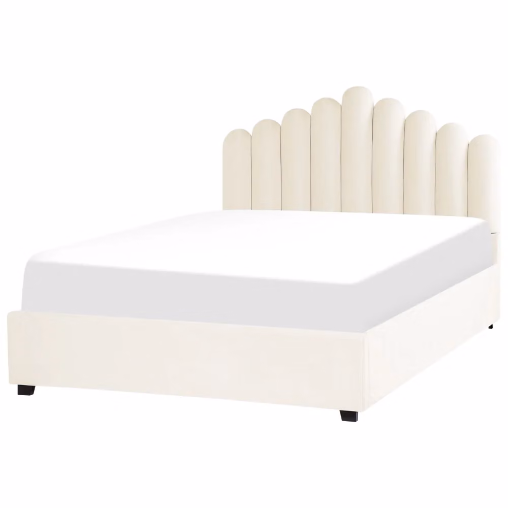 Letto contenitore matrimoniale BELIANI in velluto bianco con testiera a conchiglia e rete a doghe L/P/H: 214 x 160 x 89 cm – 2
