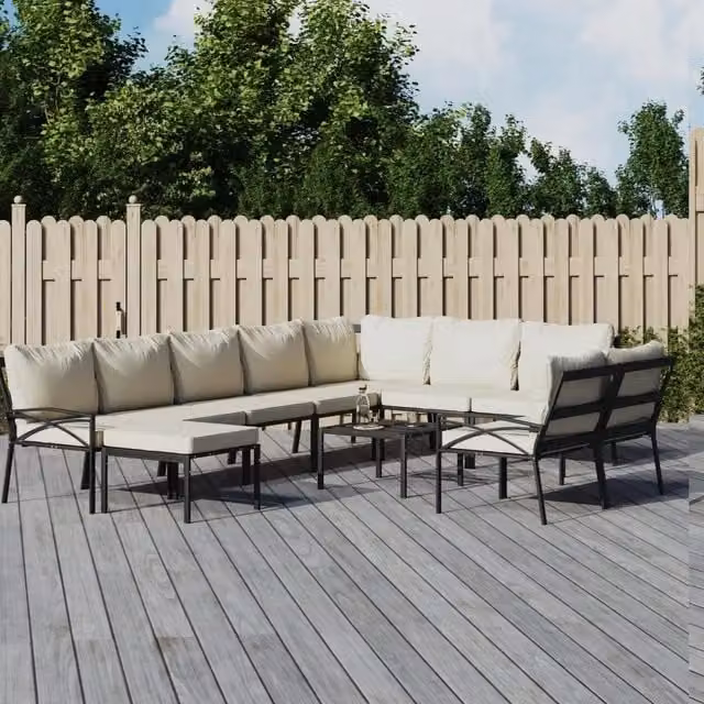 Set Salotto da Giardino Moderno vidaXL a Forma a L con 11 Pezzi, Acciaio Verniciato e Cuscini Colore Sabbia e Nero – 1
