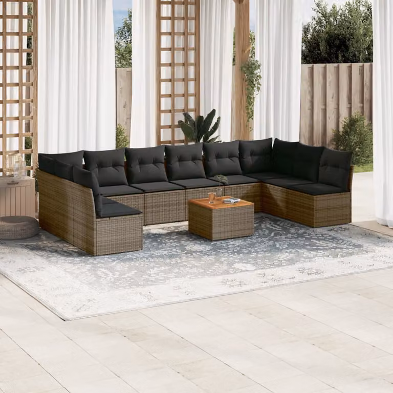 vidaXL Set Divani da Giardino 11 pz in Polyrattan Grigio con Cuscini e Tavolino da Esterno