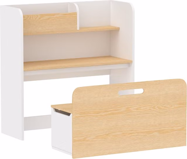 Tavolo 5 in 1 AIYAPLAY per bambini con panca contenitore e scaffale, bianco – 1