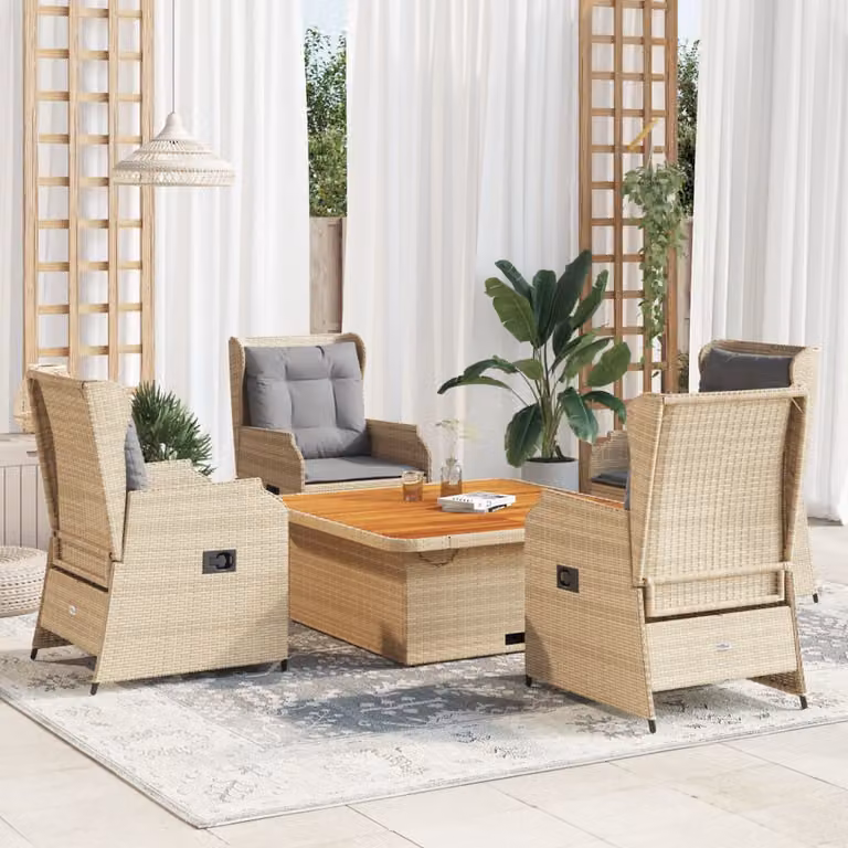 Set da giardino vidaXL composto da 5 pezzi con poltrone lounge, tavolino da caffè e cuscini beige in rattan e acciaio verniciato a polvere