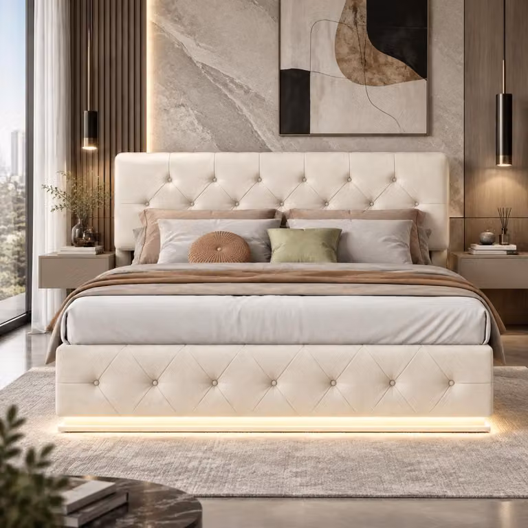 Letto imbottito INONEFT, 140x200 cm, con illuminazione LED, contenitore con sistema idraulico, struttura del letto con rete a doghe, senza materasso, in velluto, color beige