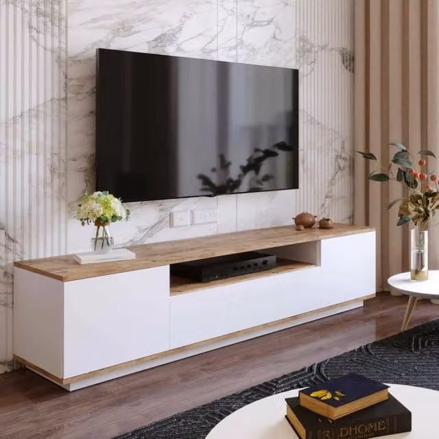 Mobile porta TV DMORA Asellina, Credenza da soggiorno moderna in rovere e bianco, L: 180 cm, P: 44,5 cm, H: 44,6 cm