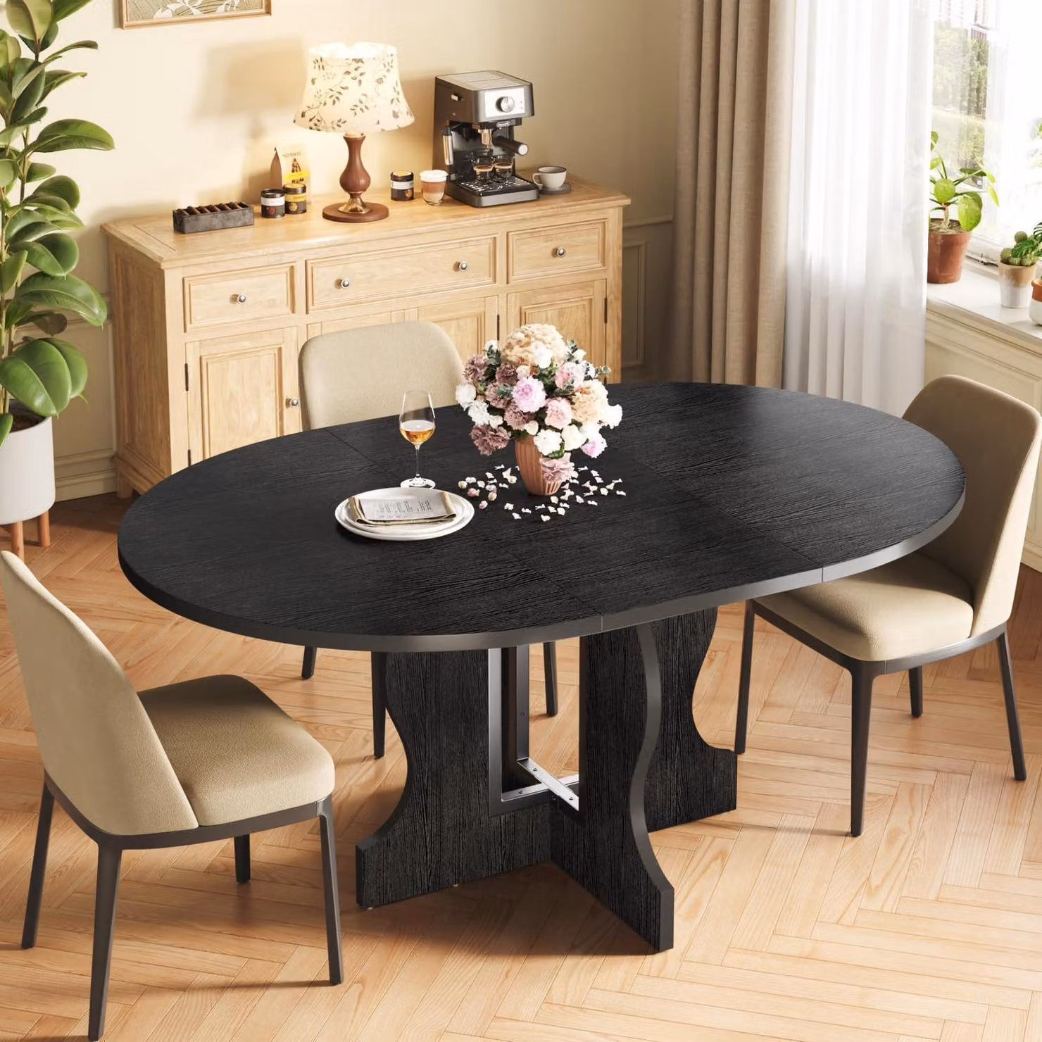 Tavolo da pranzo rotondo allungabile, diametro 110-150 cm, forma ovale, per 4-8 persone, con struttura in metallo e base a croce, colore nero